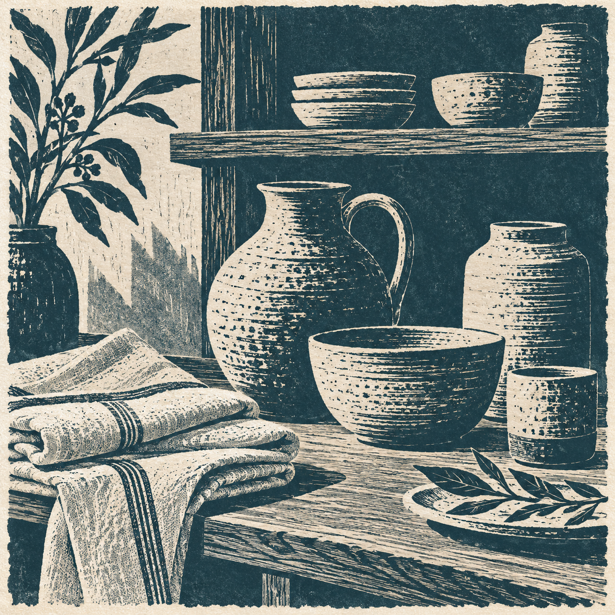 Illustration of independent homewares shop: stoneware vessels, linen textiles, oak display shelves
