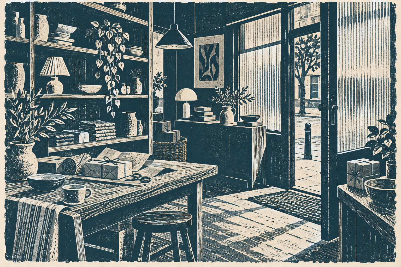 Illustration of independent homewares shop: oak display shelves, wrapped parcels, small table lamps