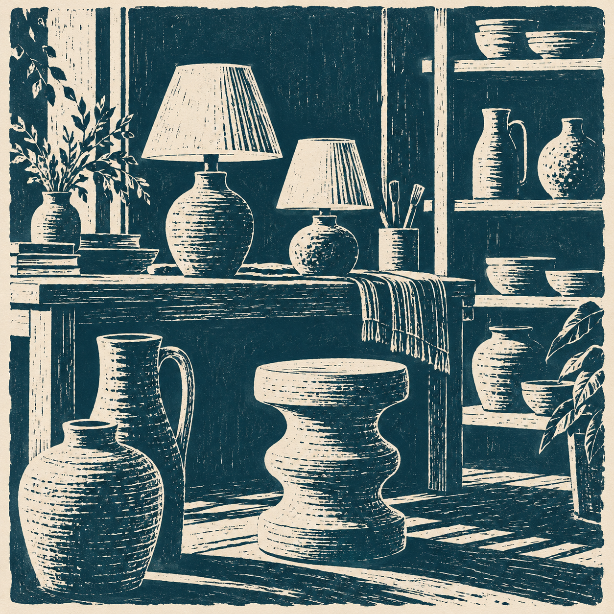 Illustration of independent homewares shop: small table lamps, a sculptural stool, stoneware vessels